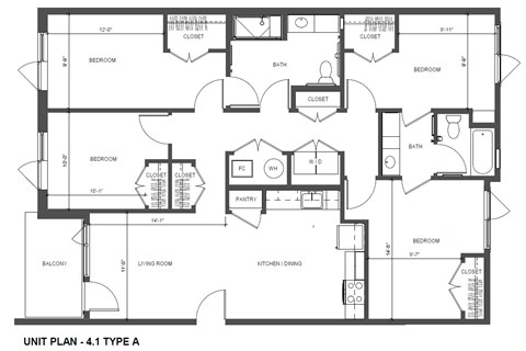 Floor plan for 4 beds, 2 baths, 1403 sqft